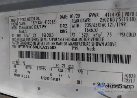 2020 Ford Transit-250 z USA, uszkodzony, nr VIN 1FTBR1C80LKA33563